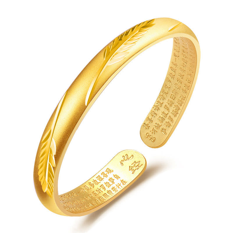 Feather Heart Sutra Engraved Pattern Wealth Copper Cuff Bracelet Bangle