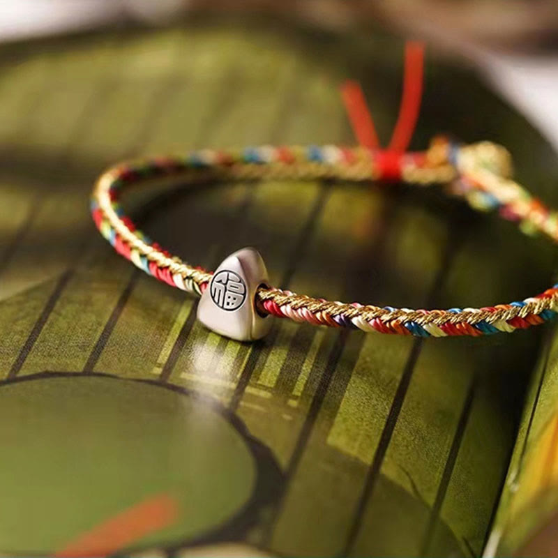 925 Sterling Silver Fu Character Zongzi Pattern Multicolored String Luck Handmade Braided Bracelet