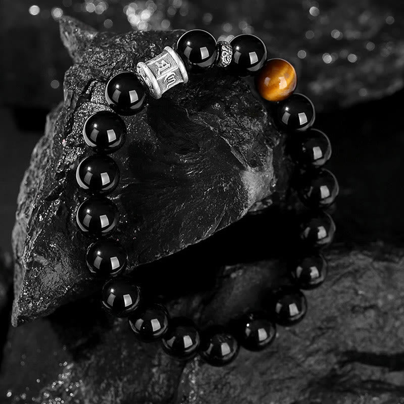 999 Fine Silver Om Mani Padme Hum Mantra Black Obsidian & Tiger Eye Beaded Bracelet