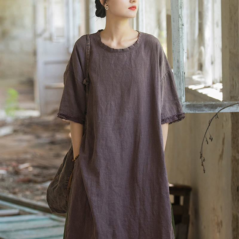 Mid Length Dress Ramie Linen Half Sleeve Split Hem Top T-Shirt