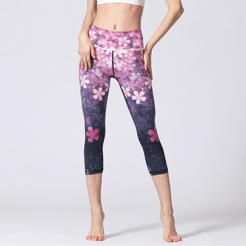Breathable Sakura Print Mindful Movement Yoga Capri Pants
