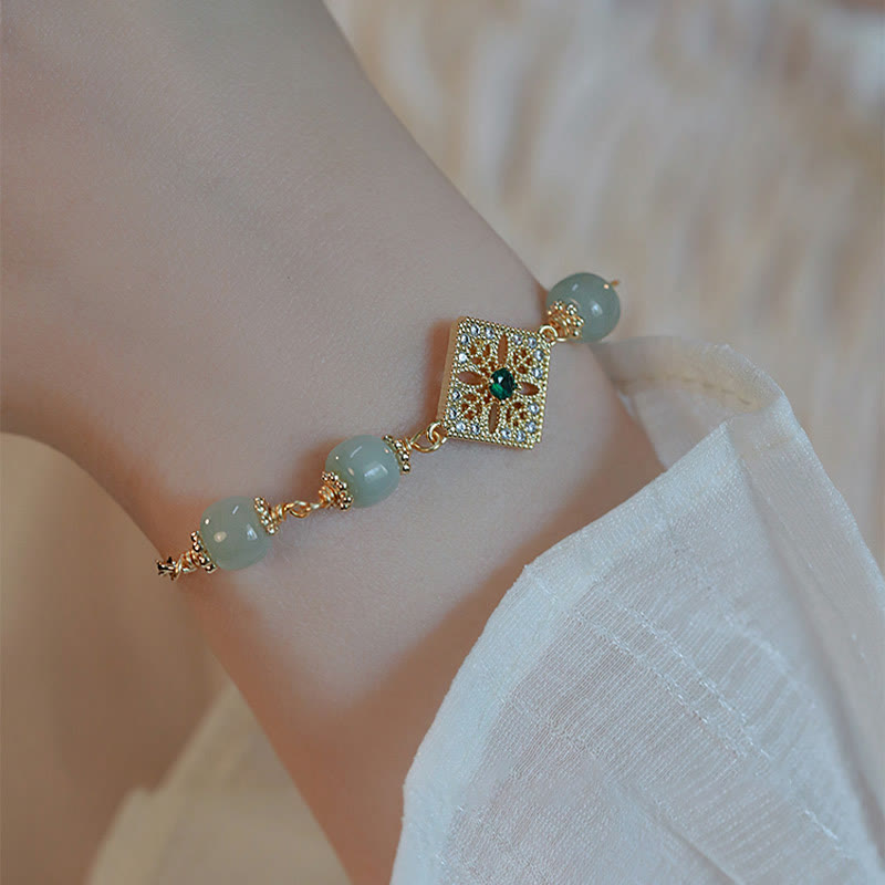 Handcrafted Natural Hetian Jade Bead Square Pattern Chain Bracelet