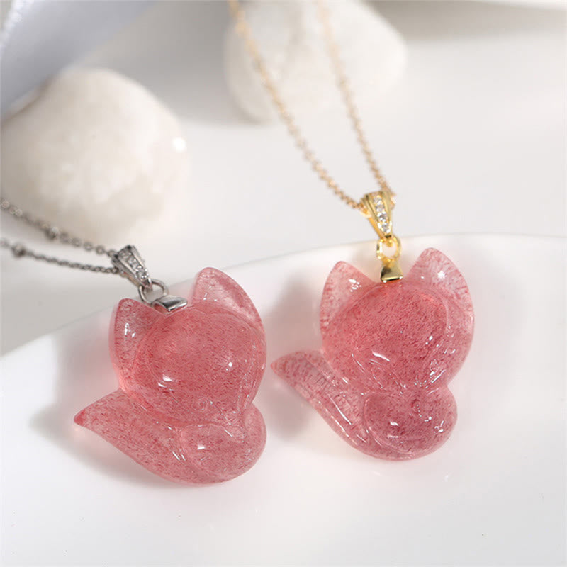 925 Sterling Silver Plated 14k Gold Strawberry Quartz Fox Healing Necklace Pendant