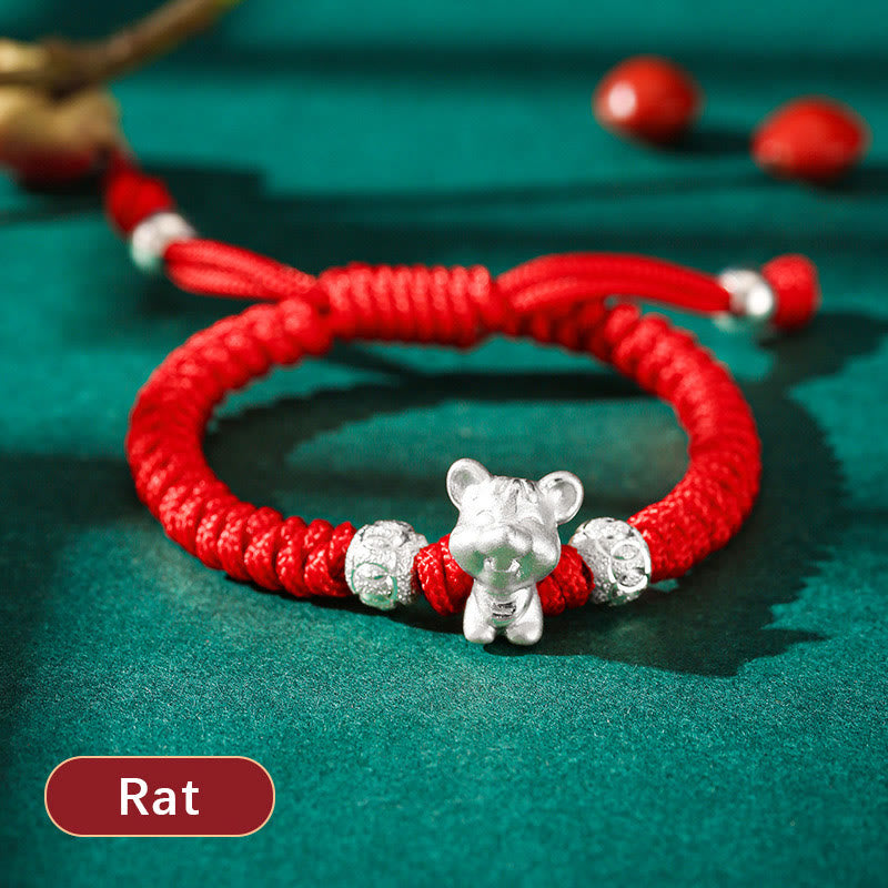Handcrafted 999 Sterling Silver Chinese Zodiac Vajra Knot Red String Kids Bracelet