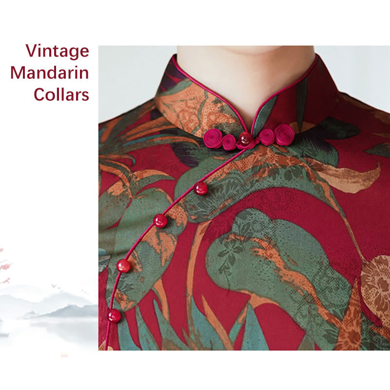 Silk Qipao Dress Retro Flower Leaf Pattern Women's Cheongsam Dress