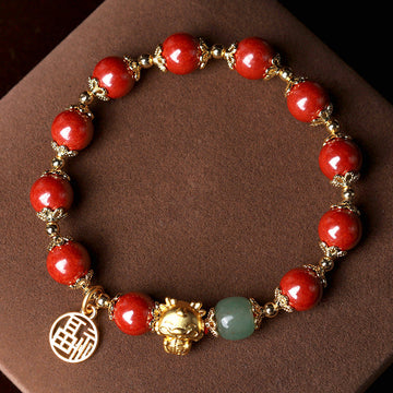Year of the Dragon Natural Cinnabar Fu Character Charm Blessing Bracelet
