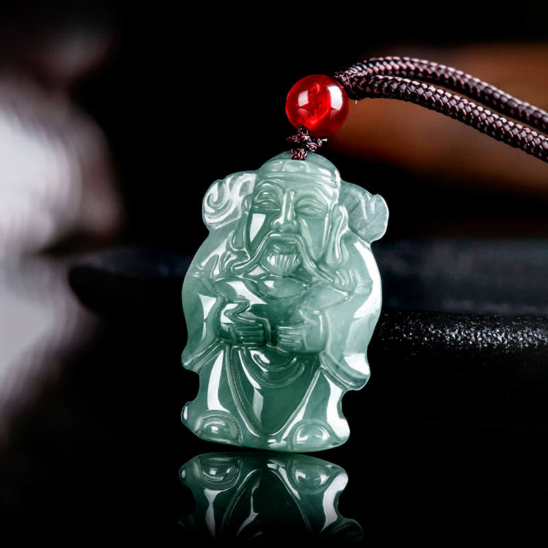 Natural Green Jade Chinese God of Wealth Caishen Ingot Abundance Necklace Pendant