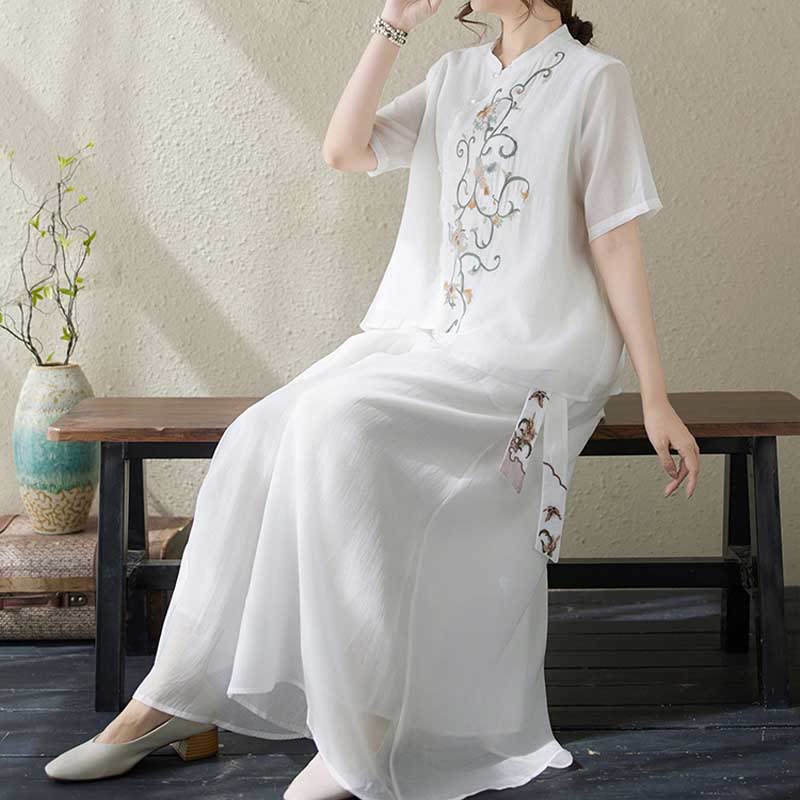 2Pcs Flower Embroidery Short Sleeve Tee T-shirt Wide Leg Pants Set
