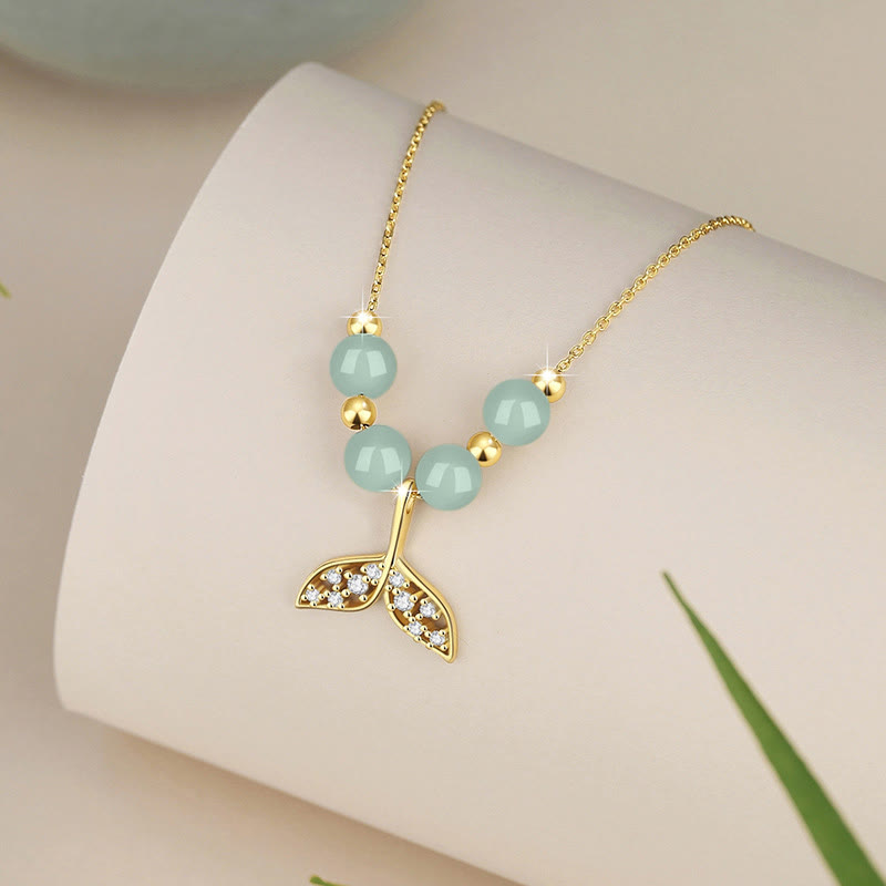 925 Sterling Silver Hetian Jade Bead Fishtail Luck Necklace Pendant