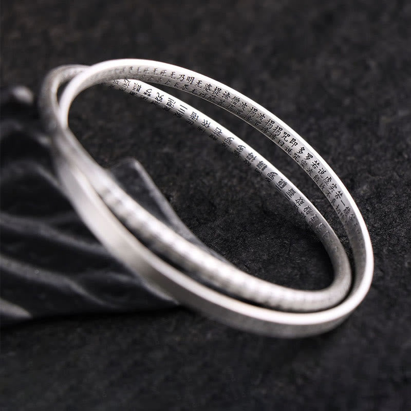 999 Sterling Silver Hand-Carved Heart Sutra Bangle Bracelet