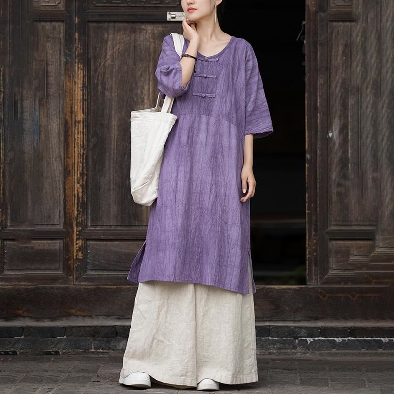 Ramie Linen Tie-Dye Frog-Button Meditation Midi Dress & Wide-Leg Pants Set