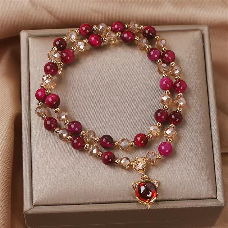 Red Tiger Eye Fox Charm Double Wrap Beaded Bracelet