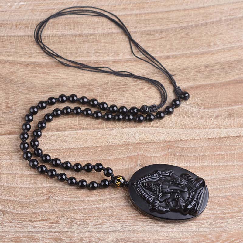 Tibetan Obsidian Ganesh Ganpati Elephant Wealth Amulet Necklace
