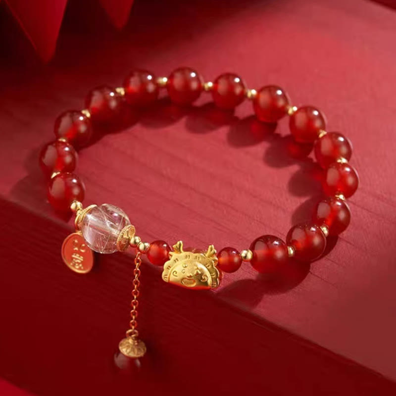 Year of the Dragon Dumpling Natural Red Agate Garnet Hetian Jade Fu Character Luck Success Bracelet