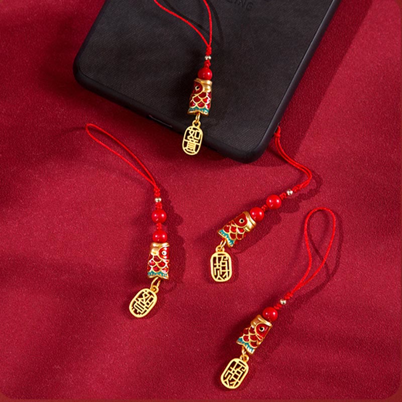 Koi Fish Cinnabar Attracting Wealth Wish Ruyi Charm Luck Phone Hanging Decoration