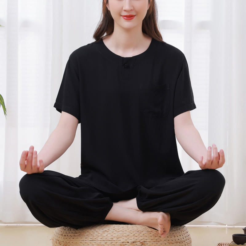 2Pcs Half Sleeve T-Shirt Pants Meditation Zen Tai Chi Cotton Linen Clothing Unisex Set