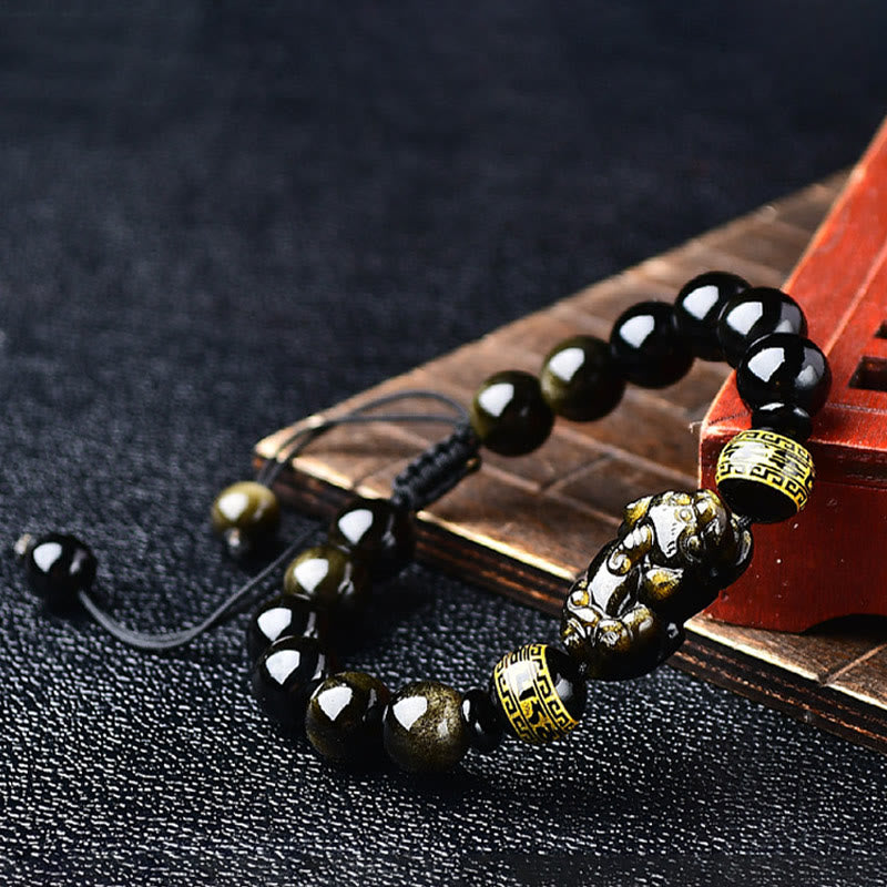 Natural Gold Sheen Obsidian Pixiu Om Mani Padme Hum Braided Bracelet