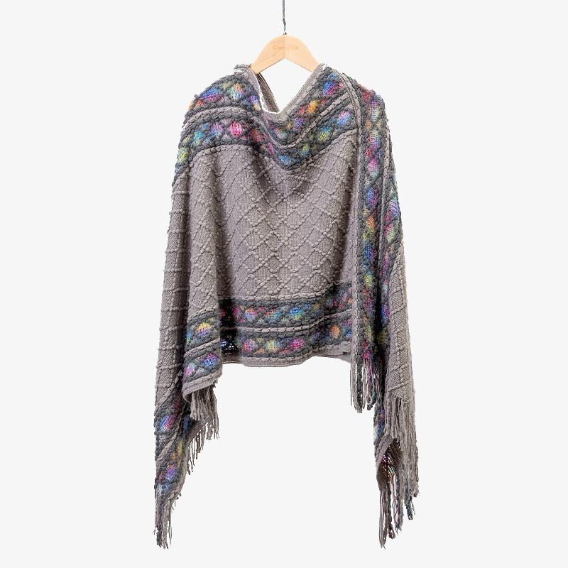 Tactile Knit Geometric Tassel Meditation Shawl Pullover