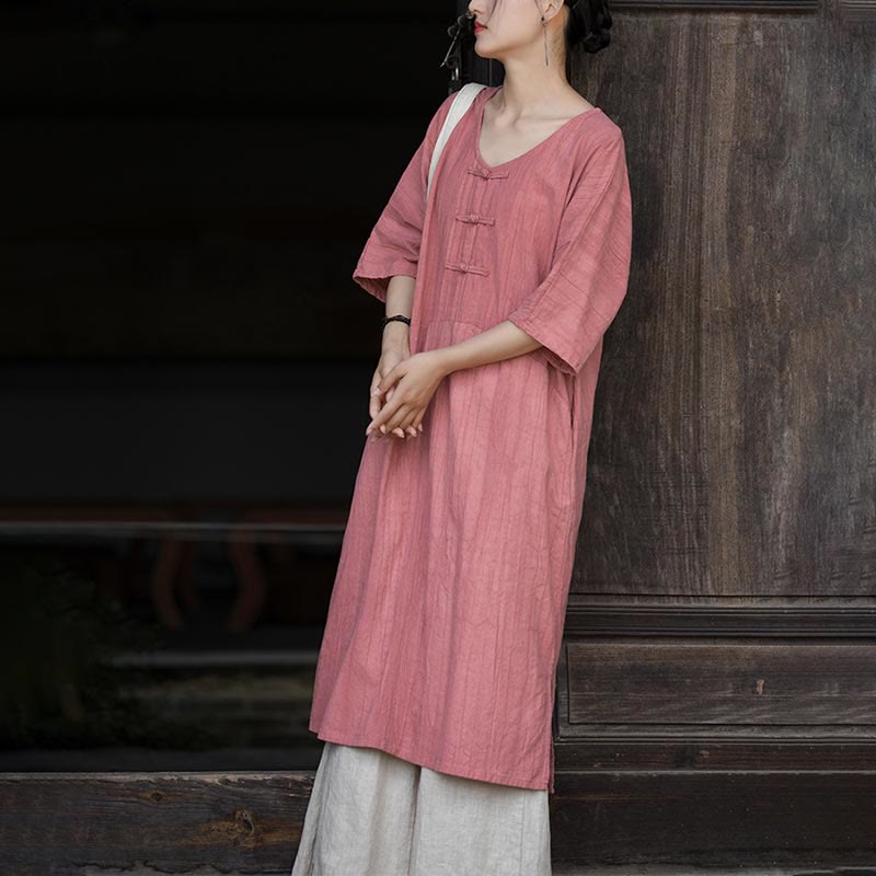Ramie Linen Tie-Dye Frog-Button Meditation Midi Dress & Wide-Leg Pants Set