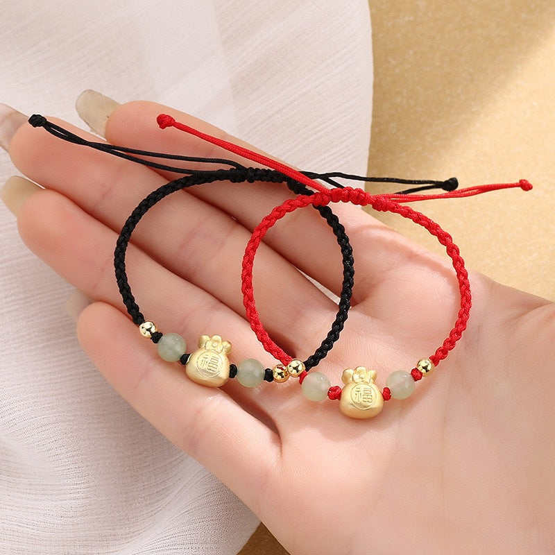 Braided Jade Wealth Bag and Fu Character Red String Bracelet