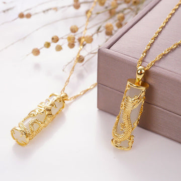 Hand-Carved White Jade and Copper Dragon or Phoenix Harmony Pendant Necklace