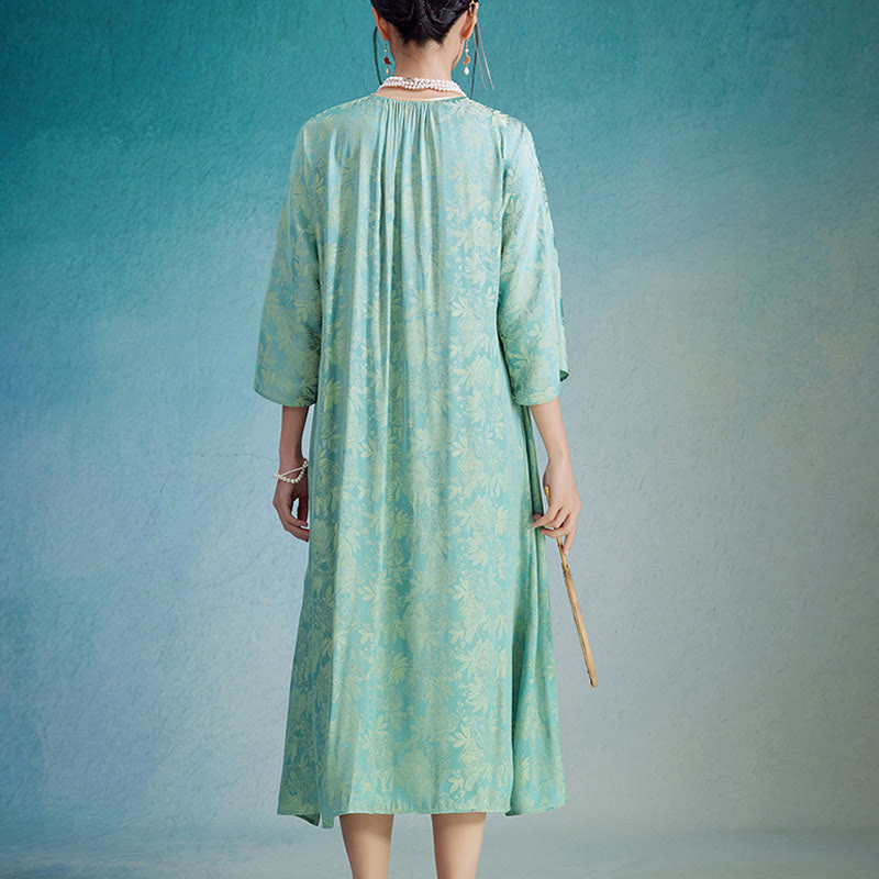 Small Flower Leaf Jacquard Chinese Cheongsam Qipao Midi Dress With Pockets