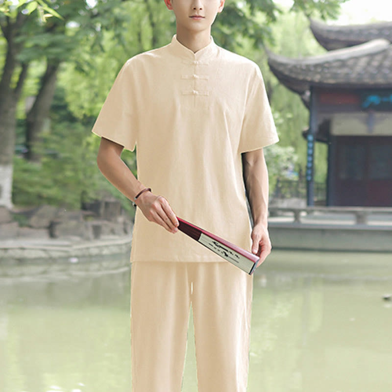2Pcs Men's Short Sleeve Shirt Top T-Shirt Pants Meditation Zen Tai Chi Cotton Linen Clothing Set