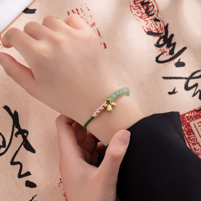 Handmade Jade Bead Lily of the Valley Charm Luck Braided Bracelet