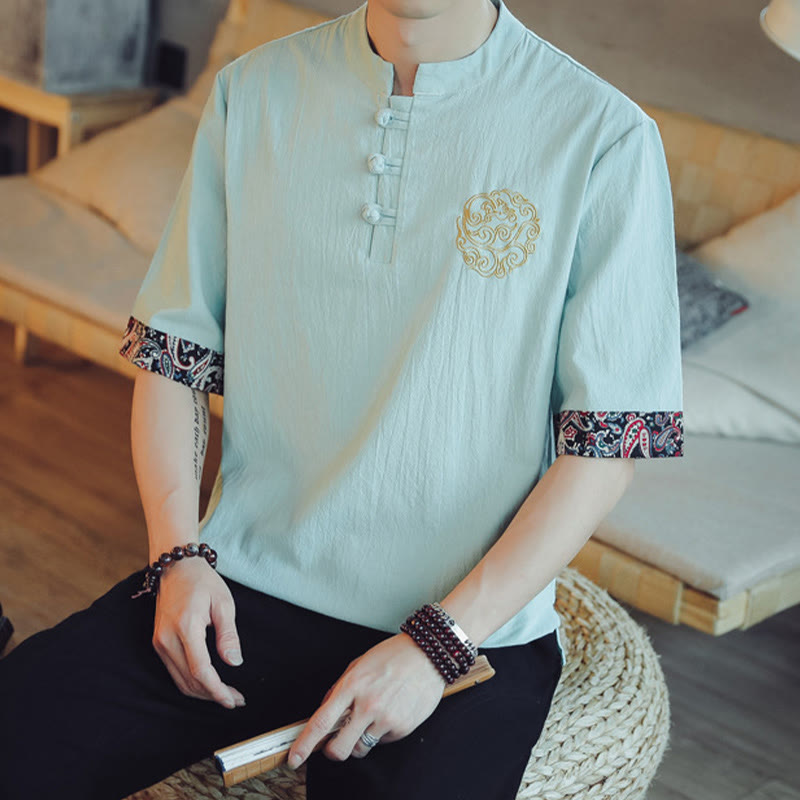 Frog-Button Dragon Embroidery Chinese Tang Suit Short Sleeve Shirt Linen Men Clothing