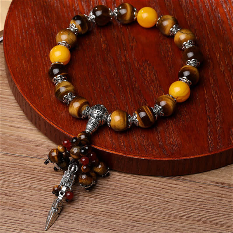 Natural Gemstone Beaded Bracelet with Copper Vajra Dorje Charm