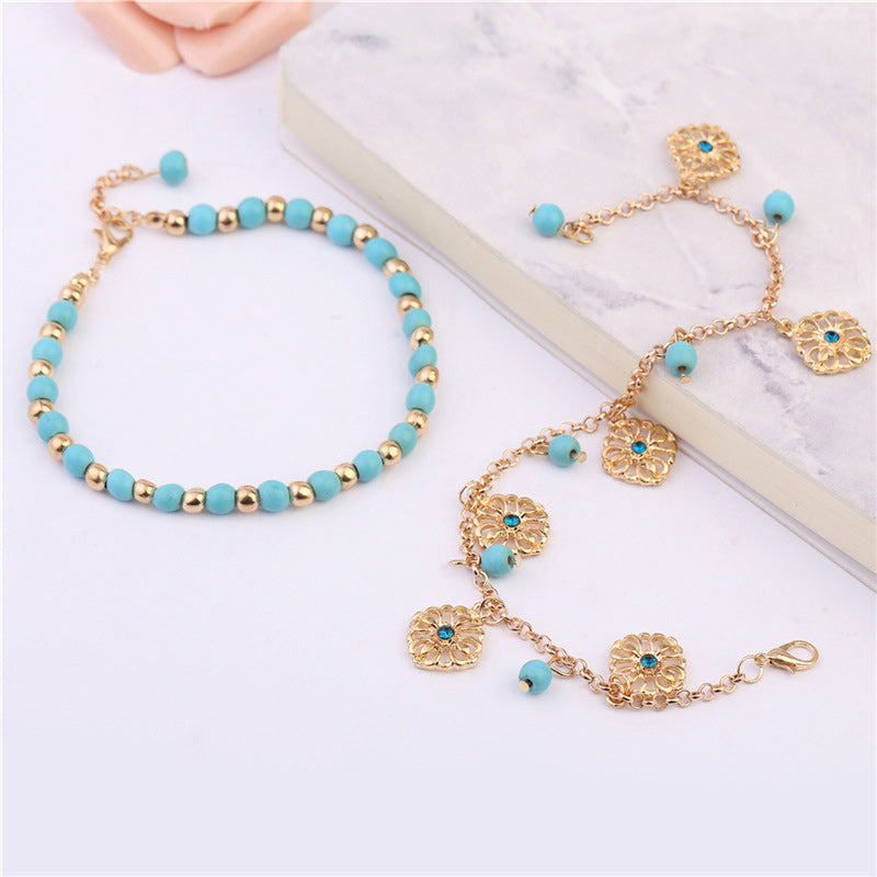 2Pcs Turquoise Flower Charm Bracelet and Anklet Set