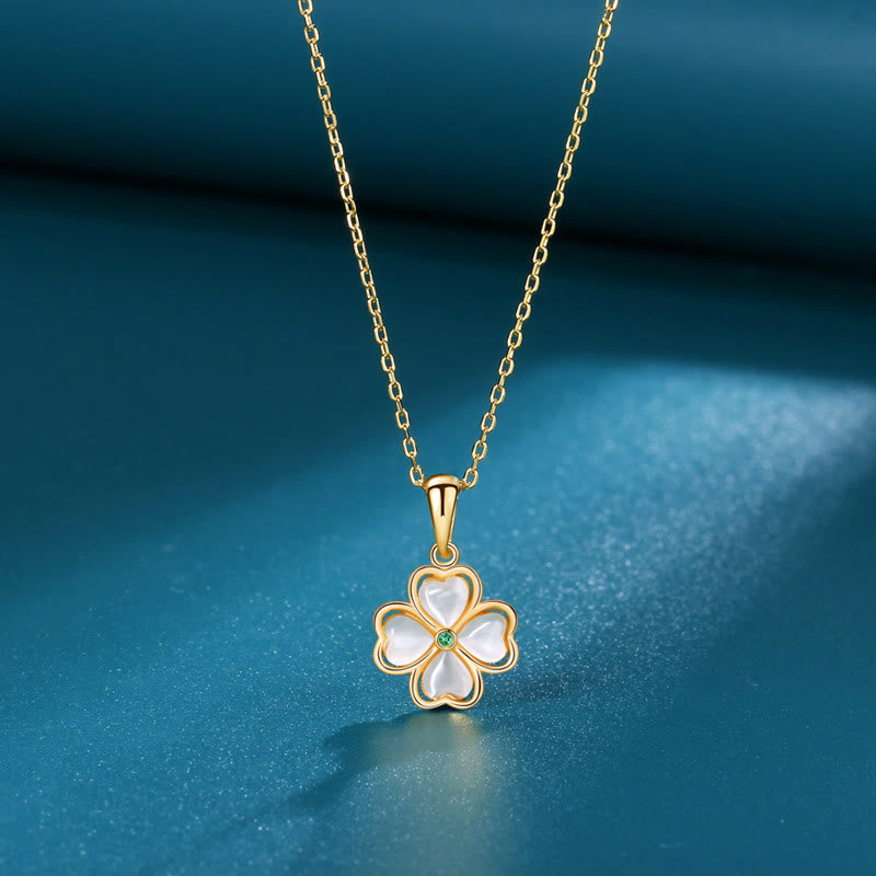 925 Sterling Silver Four Leaf Clover Chrysoberyl Cat Eye Love Necklace Pendant (Extra 35% Off | USE CODE: FS35)