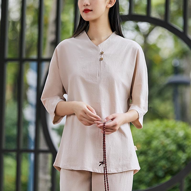 2Pcs Shirt Top Pants Meditation Zen Tai Chi Cotton Linen Clothing Women's Set