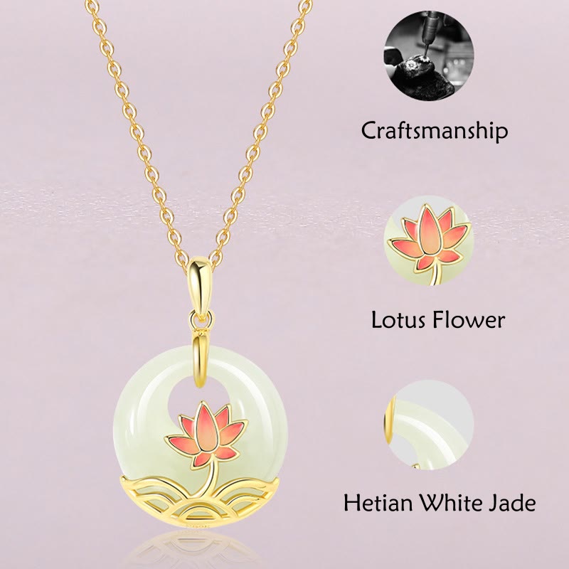 925 Sterling Silver Hetian White Jade Lotus Flower Blessing Necklace Pendant