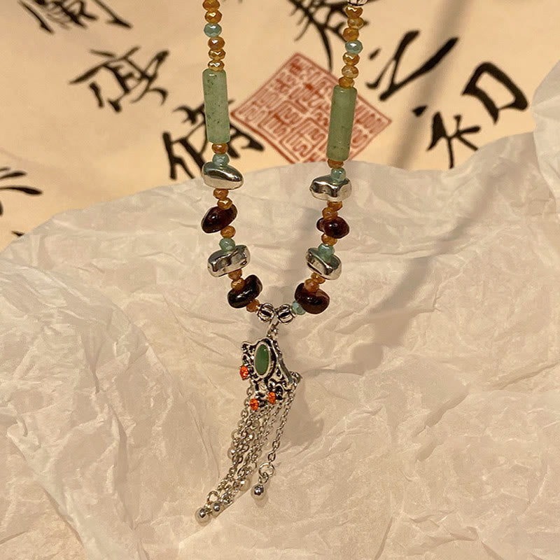 Tibetan Crystal Stone Copper Luck Tassel Necklace Pendant