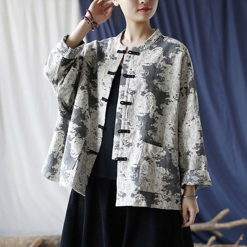 Black Gray Print Frog-button Design Long Sleeve Cotton Linen Jacket Shirt With Pockets