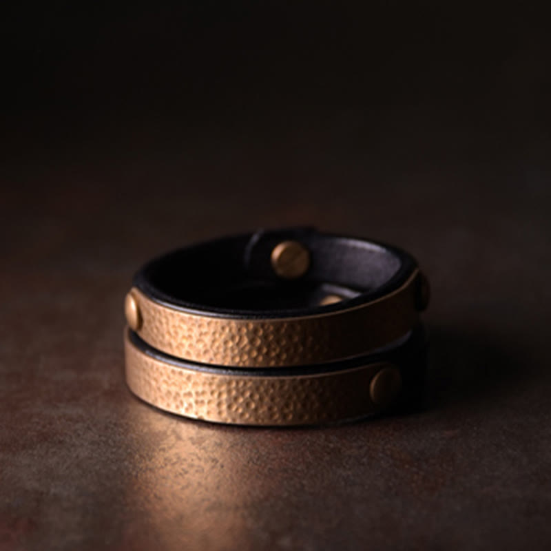 Vintage Handmade Texture Copper Brass Leather Wealth Bracelet Bangle