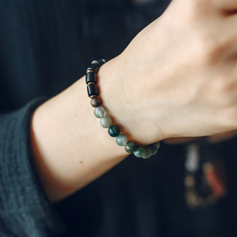Handmade Ebony Wood & Copper Peace Couple Bracelet with Natural Gemstones