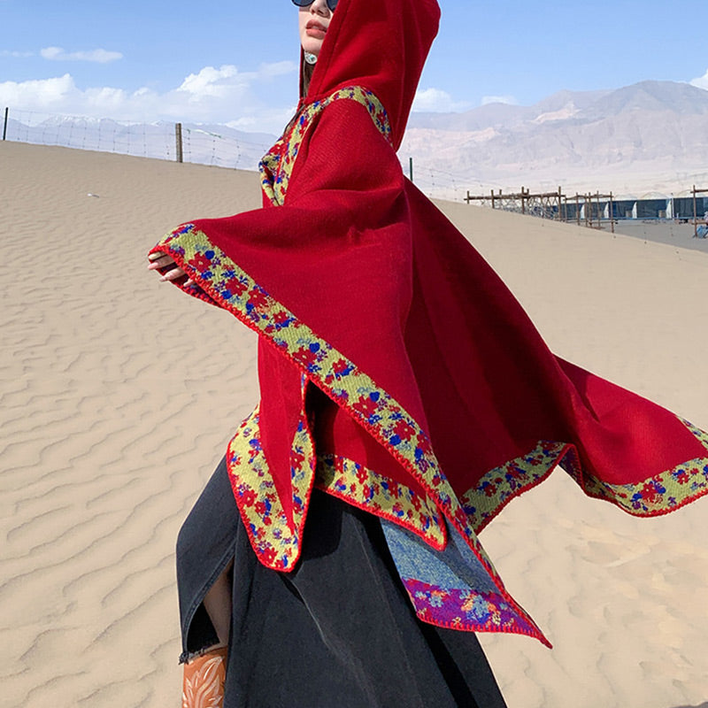 Tibetan Shawl Border Small Floral Flower Hooded Cloak Winter Cozy Travel Scarf Wrap
