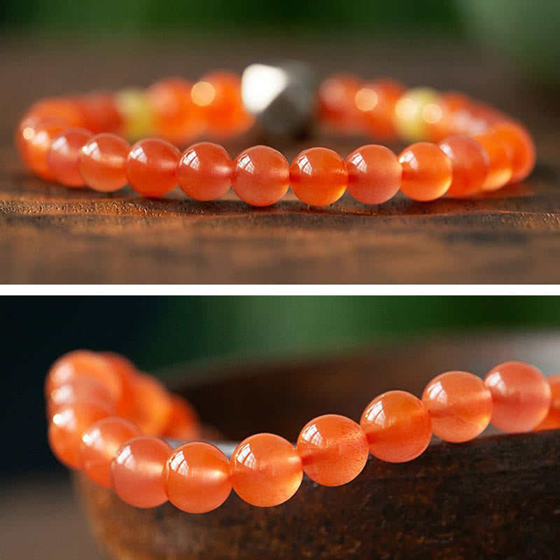 925 Sterling Silver Amber and Red Agate Zodiac Guardian Buddha Beaded Bracelet