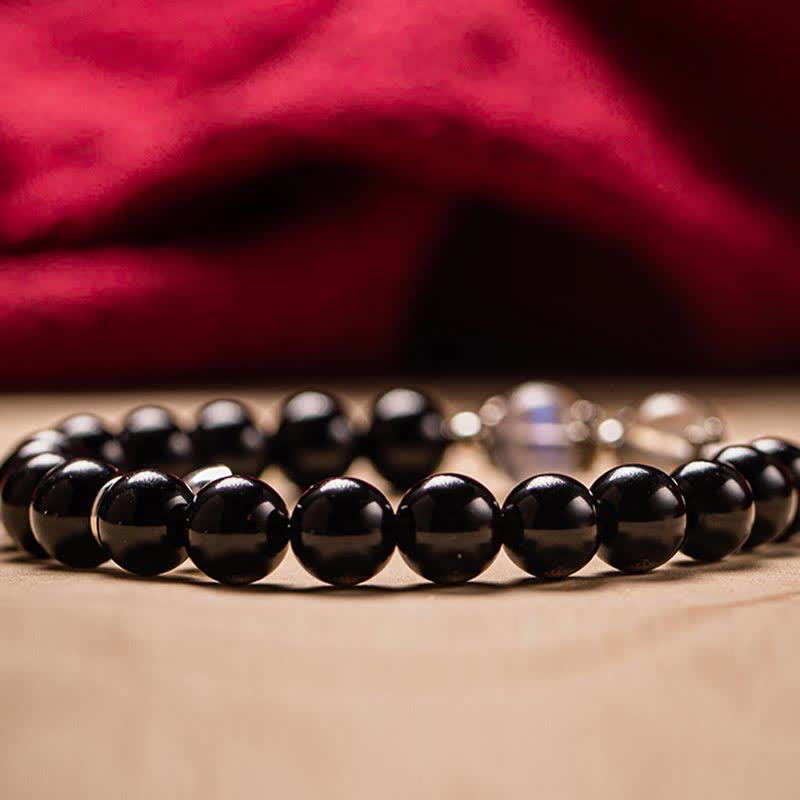 925 Sterling Silver Black Obsidian and Moonstone Beaded Couple Bracelet Set