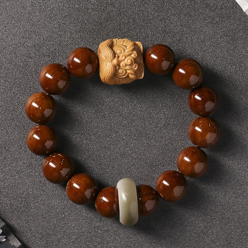 Handcrafted Purple Bodhi Seed Guardian Lion Lotus Beaded Bracelet