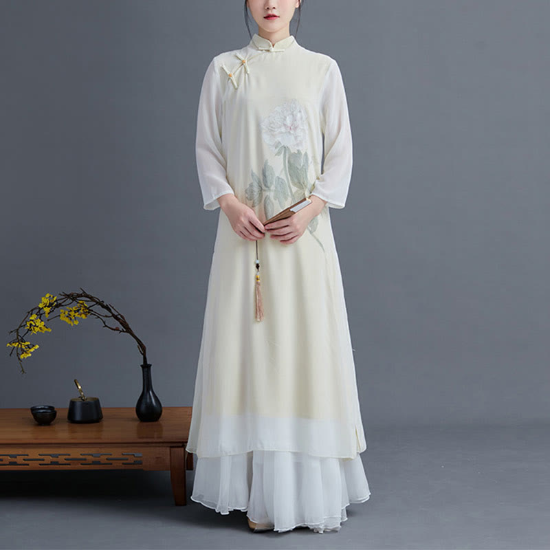 2Pcs Peony Flower Cheongsam Midi Dress Skirt Chiffon Zen Clothing Women's Set