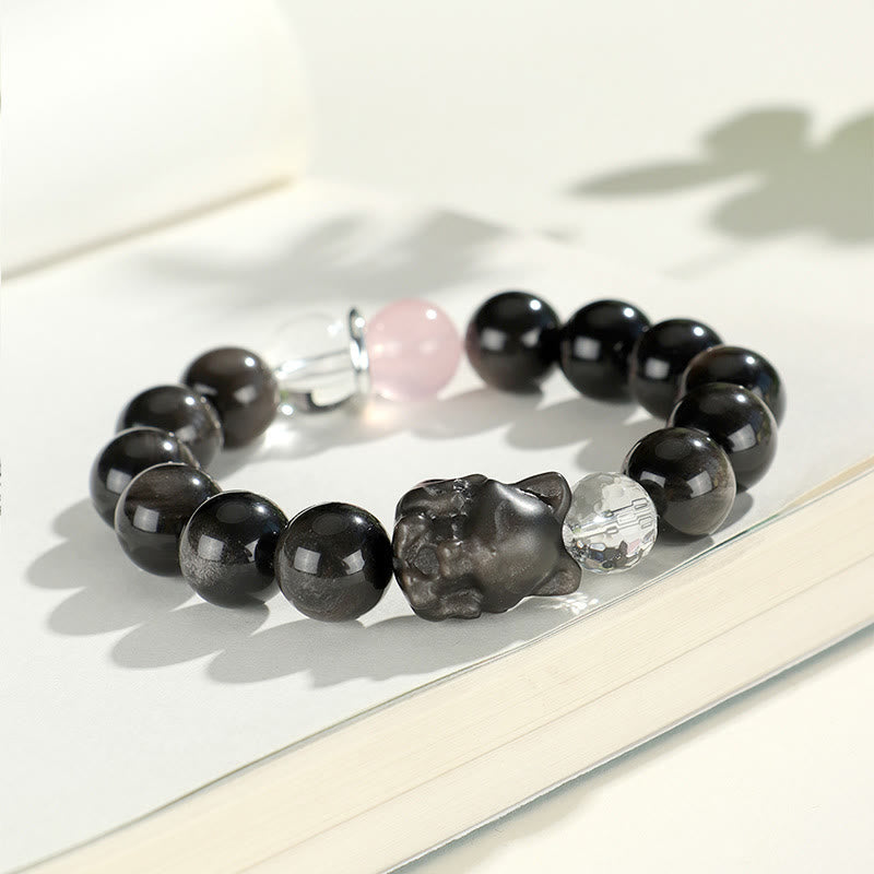 Natural Silver Sheen Obsidian Charm Bracelet with Rose Quartz, Aquamarine, Black & Clear Quartz