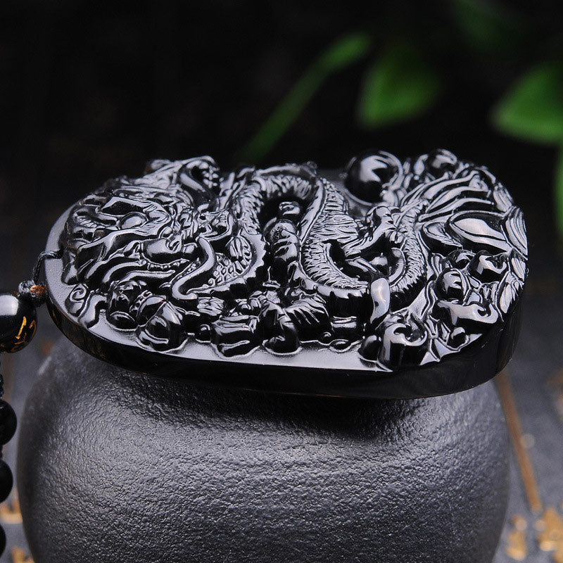 Black Obsidian Stone Dragon Fulfilment Pendant Necklace