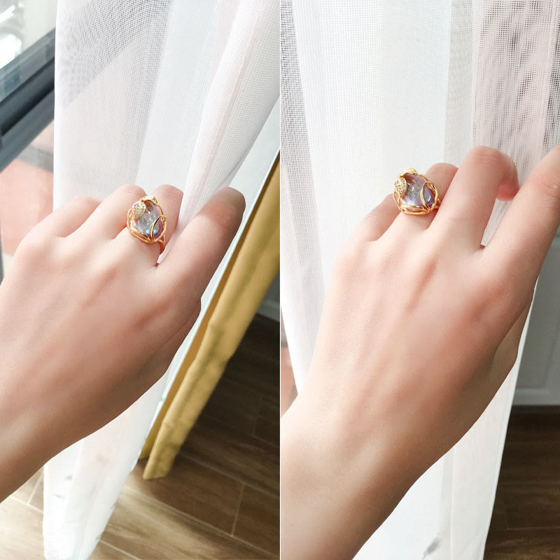 Pearl Copper Plated Gold Flower Happiness Wealth Ring