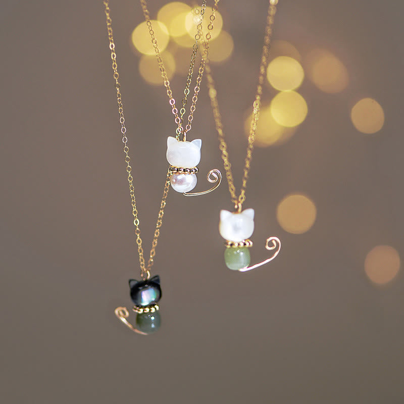 14K Gold Plated Pearl Hetian Jade Shell Luck Cat Kitten Necklace Pendant