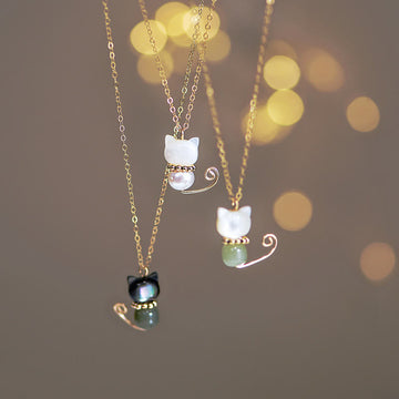 14K Gold Plated Pearl Hetian Jade Shell Luck Cat Kitten Necklace Pendant