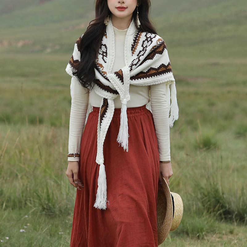 Tibetan Triangular Shawl Striped Tassels Winter Cozy Travel Scarf Wrap