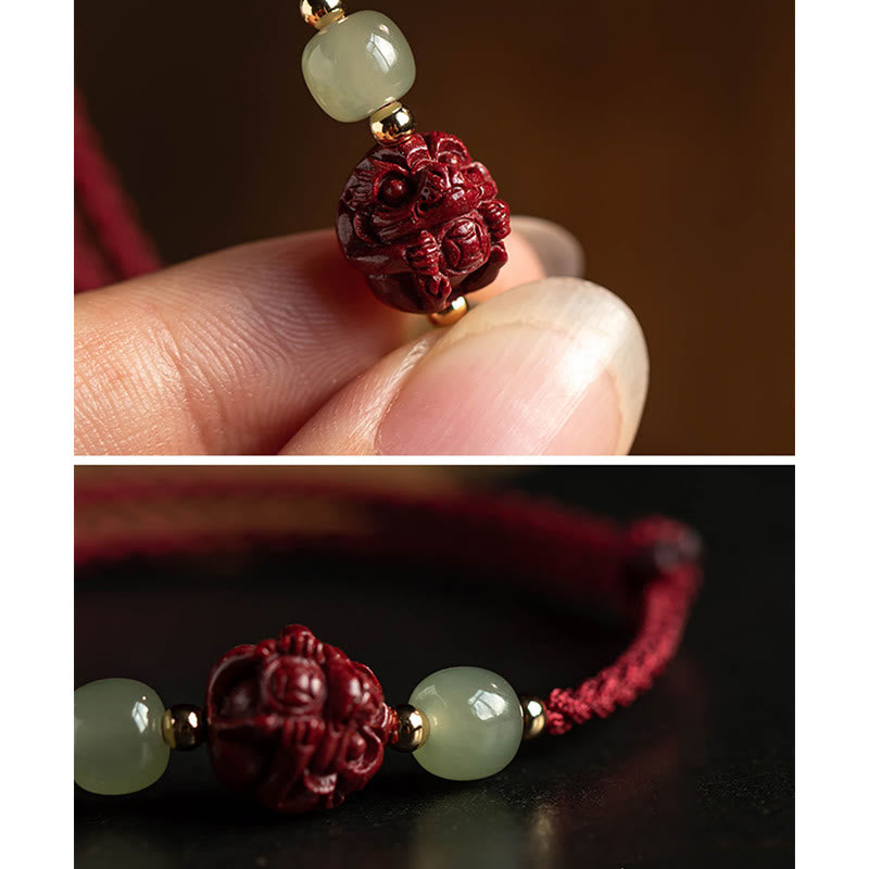 Handmade Cinnabar & Hetian Jade Sterling Silver Chinese Zodiac Fu Red String Bracelet